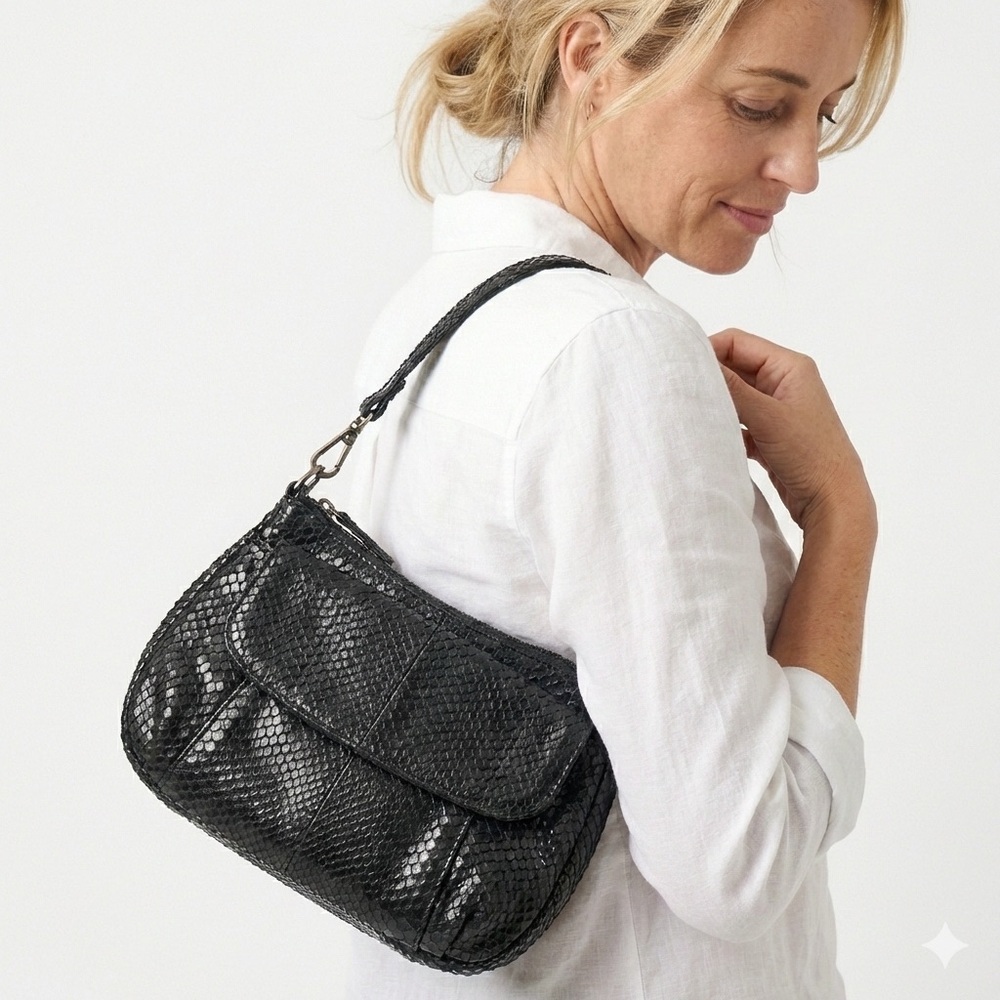 Black Leather Reptile Skin Crossbody Adjustable Strap Women Bag